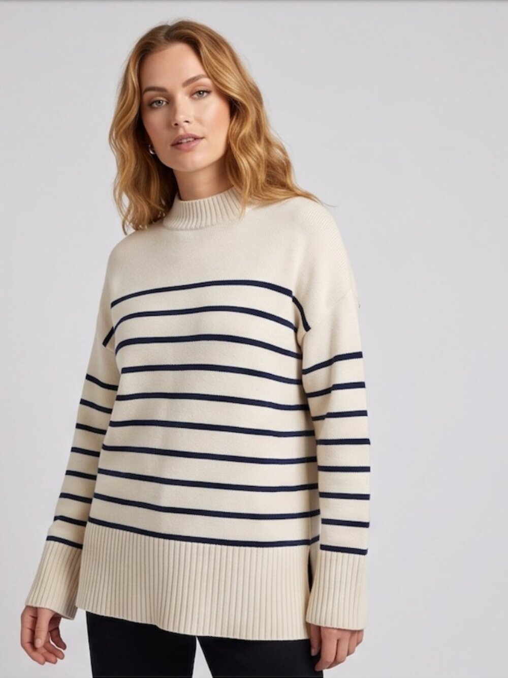 ZARA Striped Knit Mock Neck Sweater | Cream & Black